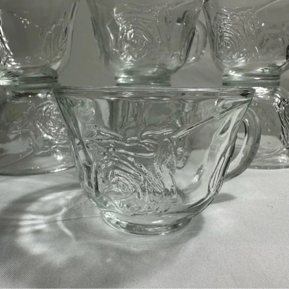 Punch Cups Vintage Clear Pressed Glass Rose Design Set of 8